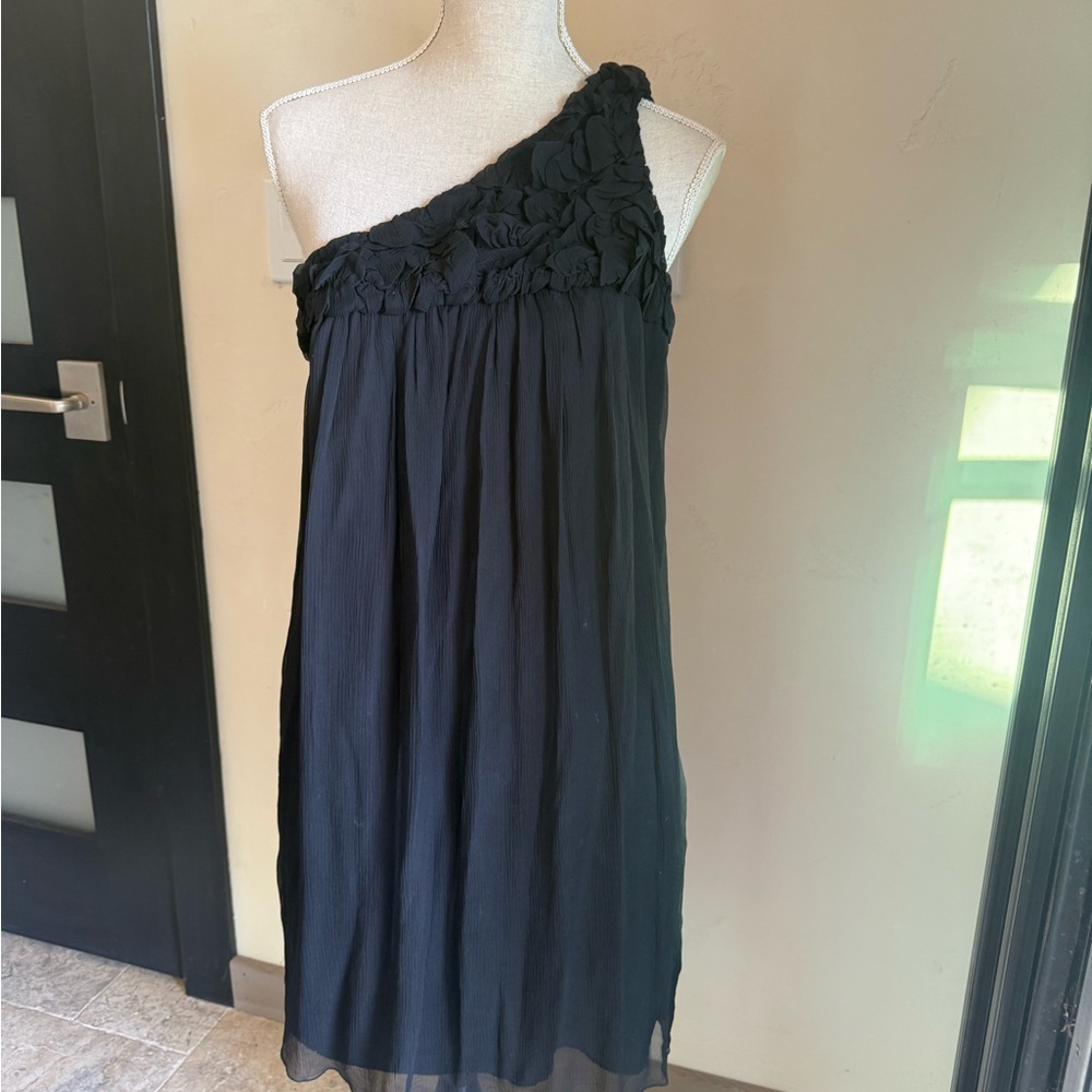 ABS Allen Schwartz One-Shoulder Black Floral Applique Dress